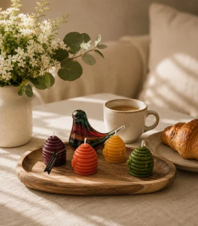 Farbige Kerzen in Bienenstockform aus 100% Schweizer Bienenwachs mit Kaffee, Croissant und Deko