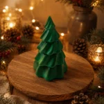 Grosser dunkelgrüner Tannenbaum aus Giesspulver mit Kerzen, geschlossen