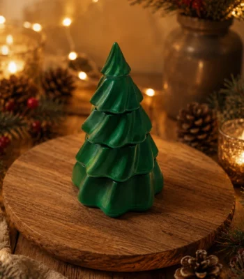 Grosser dunkelgrüner Tannenbaum aus Giesspulver mit Kerzen, geschlossen