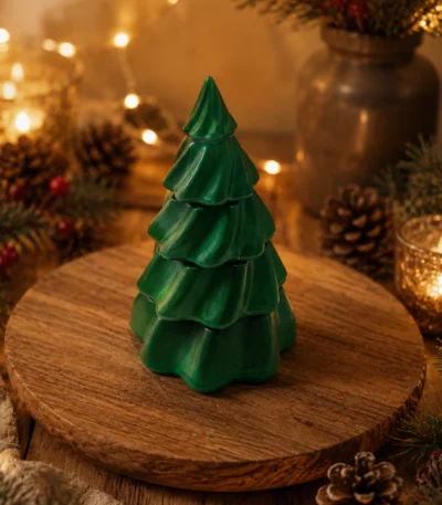Grosser dunkelgrüner Tannenbaum aus Giesspulver mit Kerzen, geschlossen