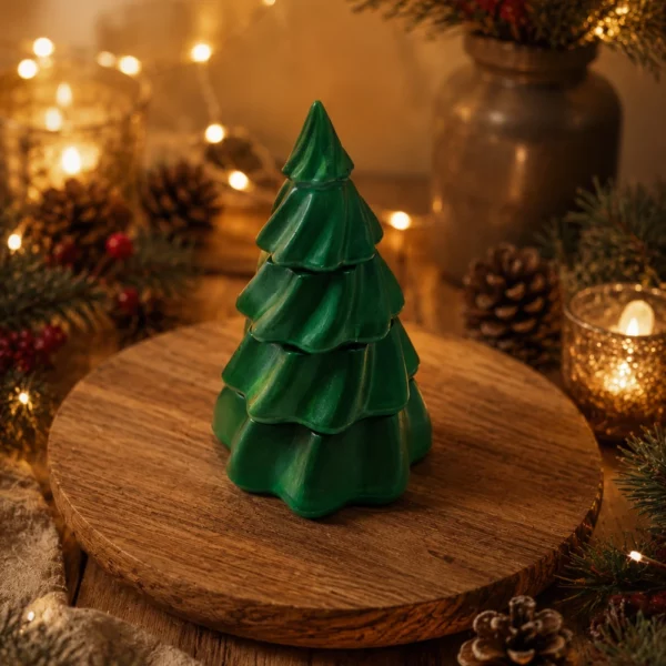 Grosser dunkelgrüner Tannenbaum aus Giesspulver mit Kerzen, geschlossen