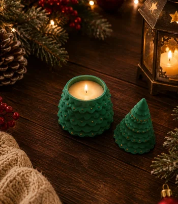 Kleiner grüner Tannenbaum mit Kerze aus Bienenwachs und Punkten, offen