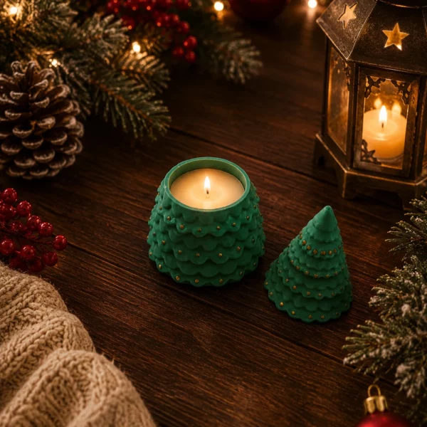 Kleiner grüner Tannenbaum mit Kerze aus Bienenwachs und Punkten, offen