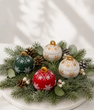 Mehrfarbige Weihnachtskugeln aus Giesspulver mit Kerzen auf Adventskranz, geschlossen mit Deckeln