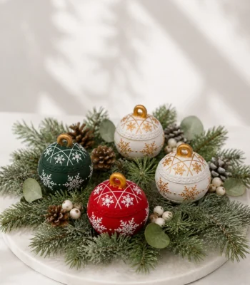 Mehrfarbige Weihnachtskugeln aus Giesspulver mit Kerzen auf Adventskranz, geschlossen mit Deckeln