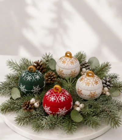Mehrfarbige Weihnachtskugeln aus Giesspulver mit Kerzen auf Adventskranz, geschlossen mit Deckeln