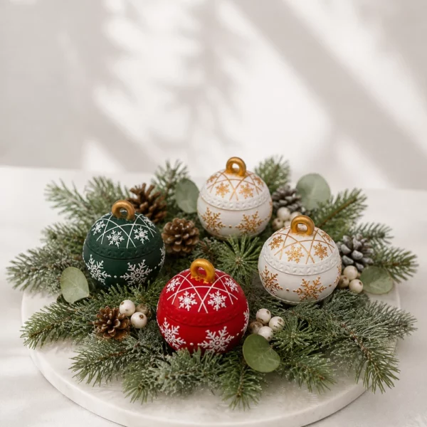 Mehrfarbige Weihnachtskugeln aus Giesspulver mit Kerzen auf Adventskranz, geschlossen mit Deckeln