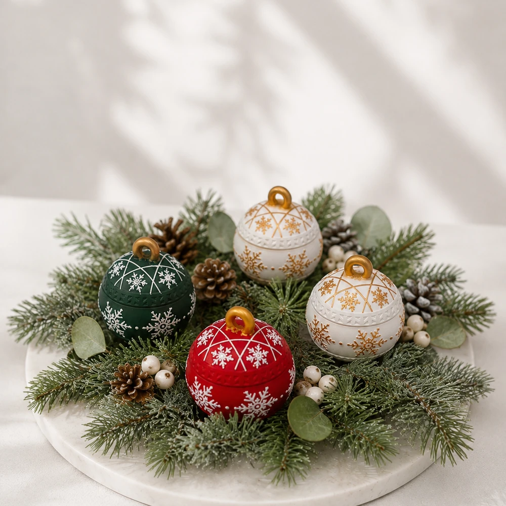 Mehrfarbige Weihnachtskugeln aus Giesspulver mit Kerzen auf Adventskranz, geschlossen mit Deckeln