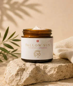 SPF 30 Sonnencrème aus reinem Schweizer Rindertalg mit Astaxanthin und nicht-nano-Zinkoxid, auf Stein und mit Deko