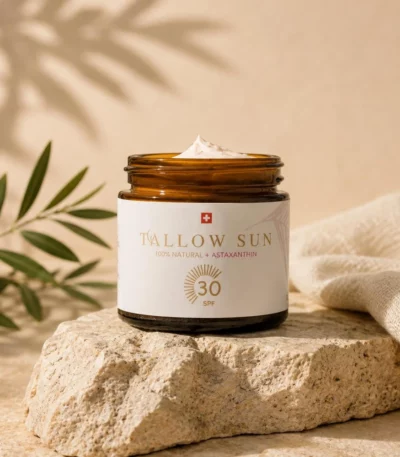 SPF 30 Sonnencrème aus reinem Schweizer Rindertalg mit Astaxanthin und nicht-nano-Zinkoxid, auf Stein und mit Deko