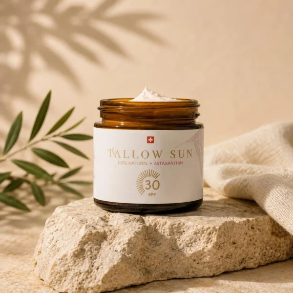 SPF 30 Sonnencrème aus reinem Schweizer Rindertalg mit Astaxanthin und nicht-nano-Zinkoxid, auf Stein und mit Deko