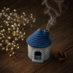 Haus aus Giesspulver mit blauem Dach und aus dem Kamin steigendem Rauch