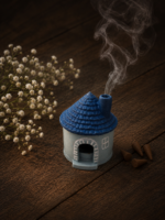 Haus aus Giesspulver mit blauem Dach und aus dem Kamin steigendem Rauch