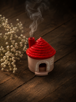 Haus aus Giesspulver mit rotem Dach und aus dem Kamin steigendem Rauch